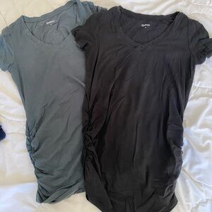 Quince Maternity Women's Short Sleeve V-Neck Tops - Black and Green